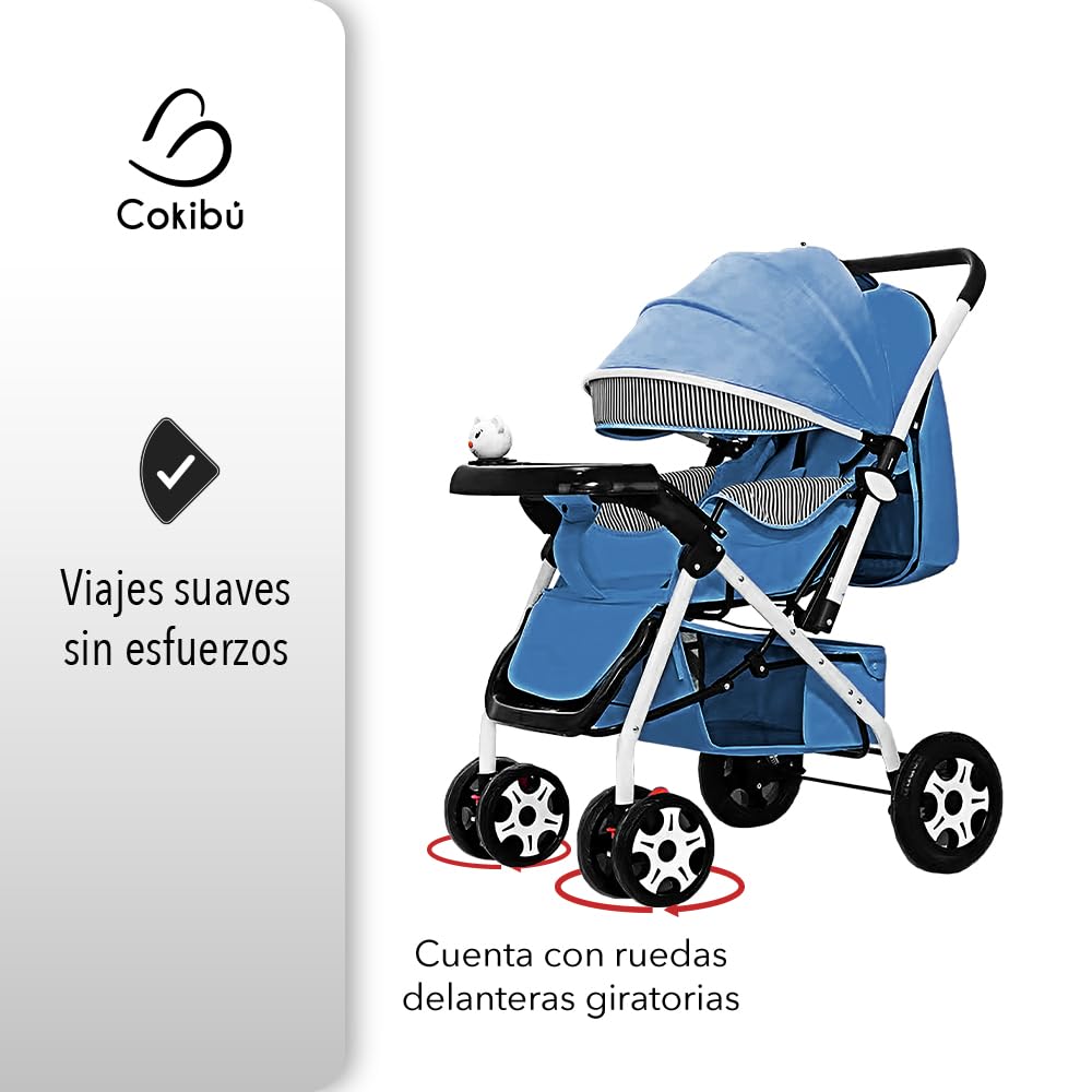 Carriola De Bebé Plegable Rosa (Azul) Carriola De Bebé Plegable Mango Reversible Respaldo Ajustable Ruedas Delanteras Giratorias Arnes De Seguridad De 5 Puntos Bandeja De Comida Y Musica 2 En 1