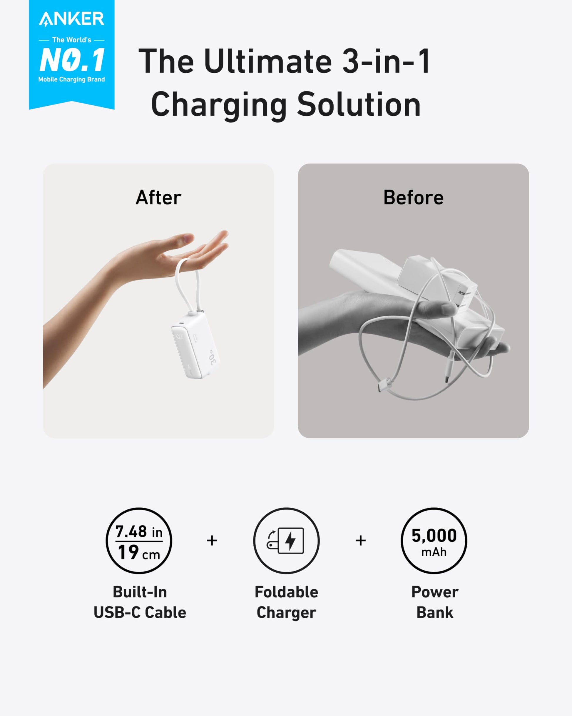 Power Bank Anker USB-C Negro 5,000 mAh con Cable Integrado y Enchufe Plegable 30W para Hombre