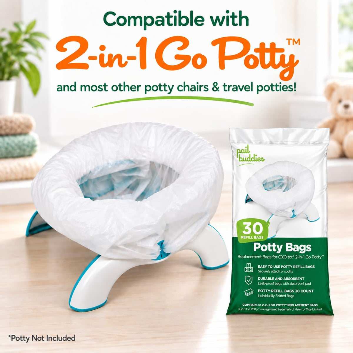 60 bolsas de repuesto para orinales: absorbentes y desechables, compatibles con OXO Tot 2 en 1 | Bolsas a prueba de fugas compatibles con la mayoría de orinales, asientos y sanitarios portátiles.