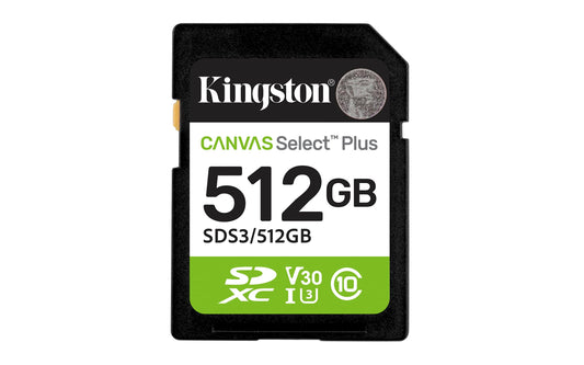 Kingston Tarjeta De Memoria SD, Canvas Select Plus Gen3, Capacidad: 512GB, Full HD, Clase 10, UHS-I, U3, V30, Lectura: 150MB/s, SKU: SDS3/512GB