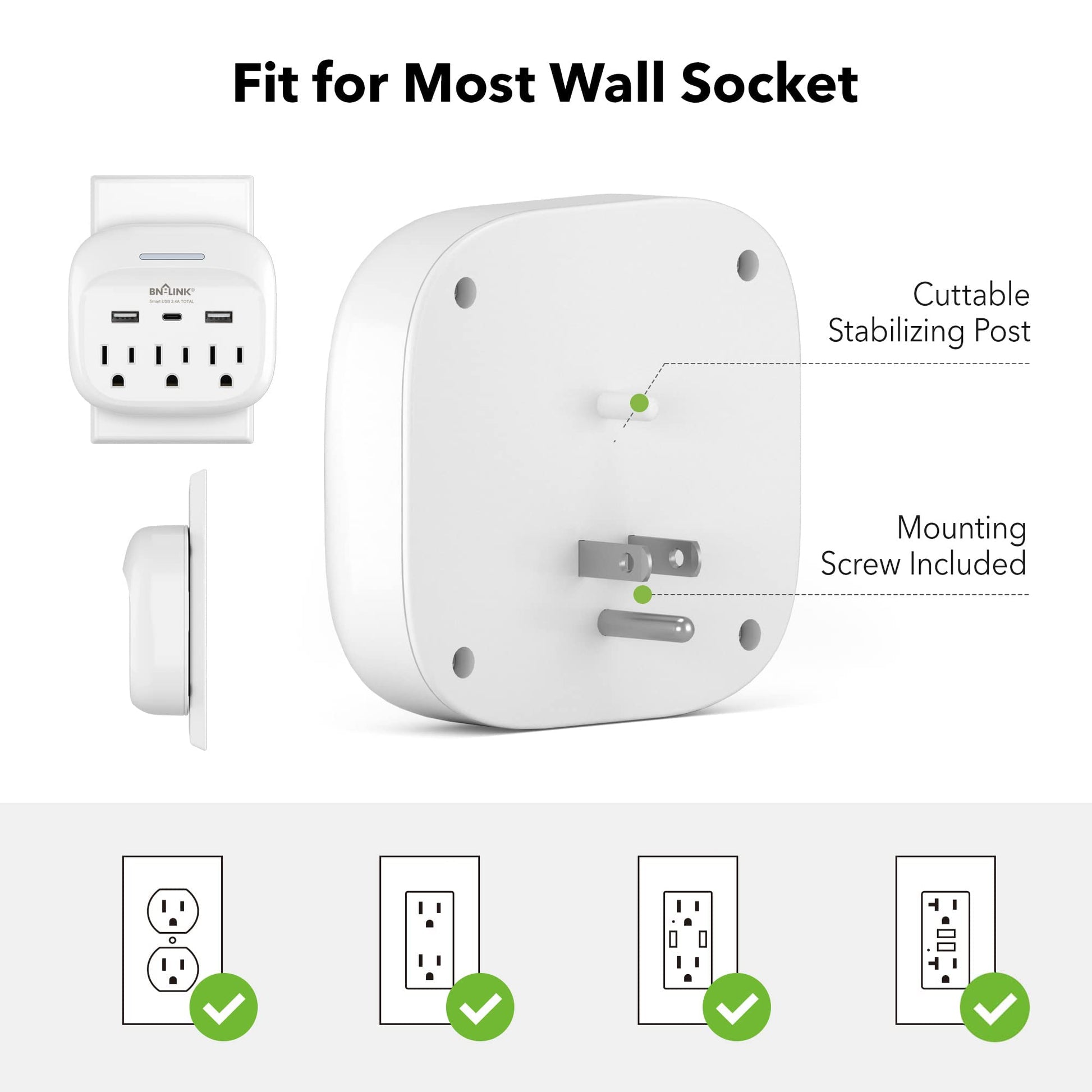 BN-LINK - Extensor de enchufe múltiple con USB, salida protectora de sobretensiones con 3 divisores de salida de CA y 3 puertos USB (1 USB C), toma de pared múltiple para recámara, escuela, viajes