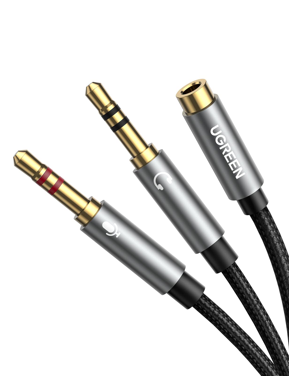 UGREEN Cable de Divisor de 2 Clavijas de Auricular/Micrófono Separadas 3.5mm Macho a Mic y Audio 3.5mm Hembra para Auriculares, Carcasa de Aluminio (Gris)