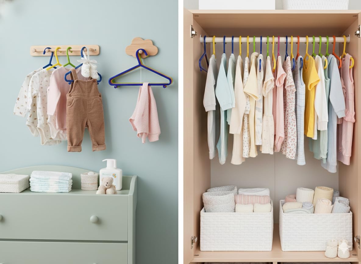 Paquete de 10 perchas de plástico duraderas sin BPA para ropa de bebés y niños pequeños, diseño delgado que ahorra espacio, multicolor (rosa fuerte, verde, azul, naranja, amarillo)