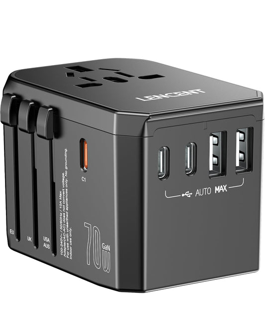 LENCENT Adaptador Universal de Viaje, GAN 70W Adaptador Internacional con 2 USB-A QC & 3 USB-C PD3.0, Cargador Internacional con Enchufe Tipo A/C/G/I para US/UE/UK/Australia/Argentina/Brasil, Negro