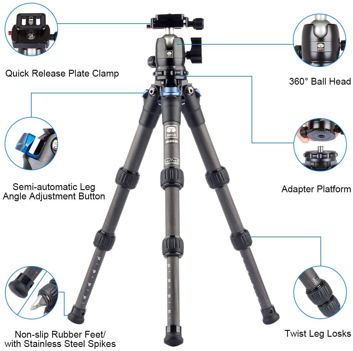Trípode de Cámara SIRUI Fibra de Carbono 16" Compacto de Viaje con Cabeza de Bola B-00K 360°