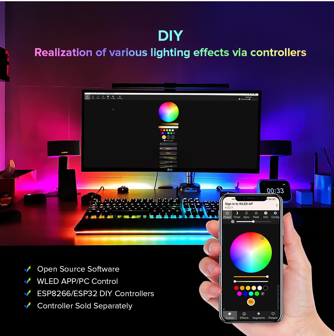 BTF-LIGHTING WS2812B - Tira LED RGB ECO, efectos de persecución 5050SMD direccionable individualmente 3.3 pies, 144 (2 x 72) píxeles/m, color de sueño flexible IP30 para proyectos de bricolaje de