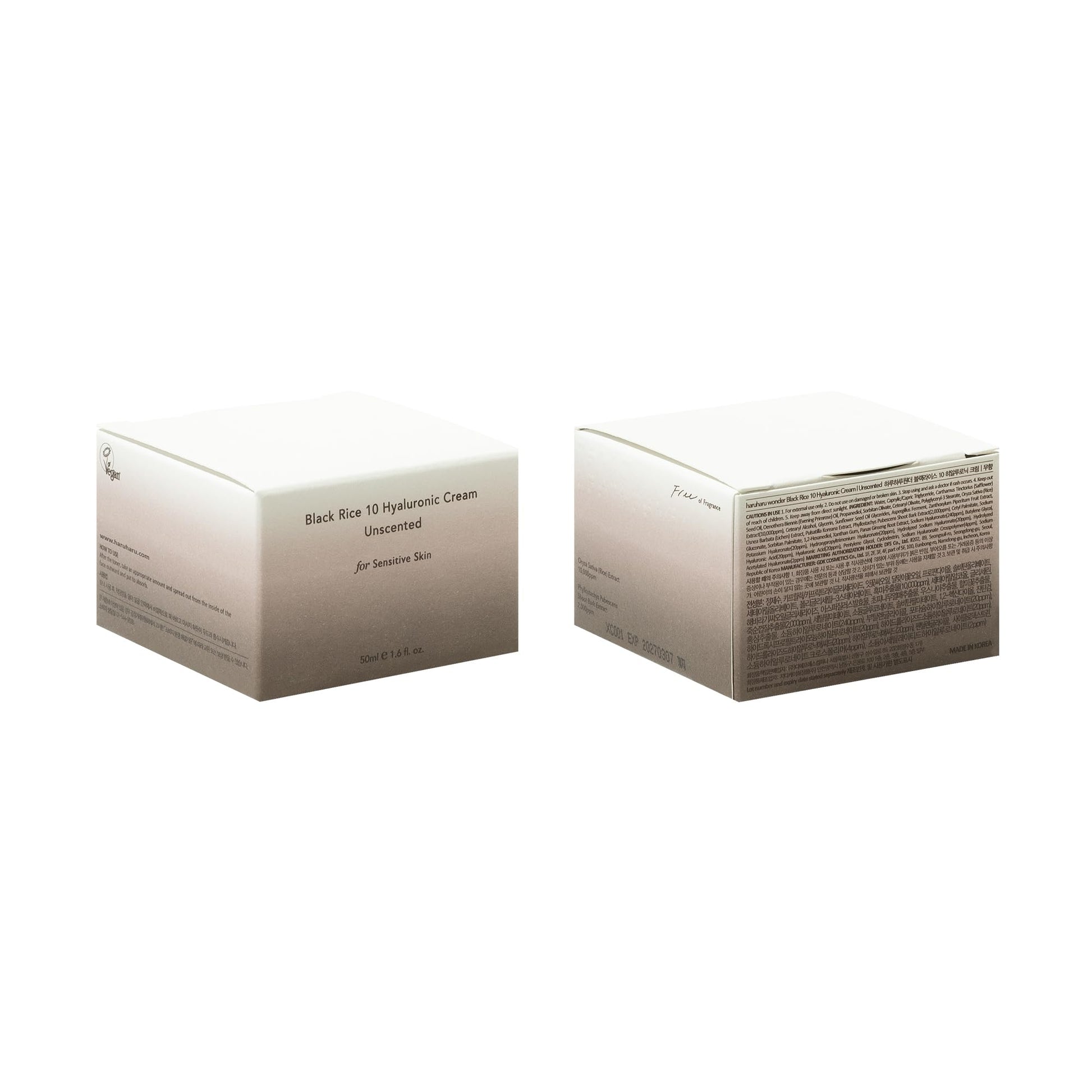 HARUHARU Wonder Black Rice Hyaluronic Cream (sin perfume) 1.69 onzas líquidas / 1.7 fl oz | Sin fragancia para pieles sensibles | Vegano, libre de crueldad, EWG verde