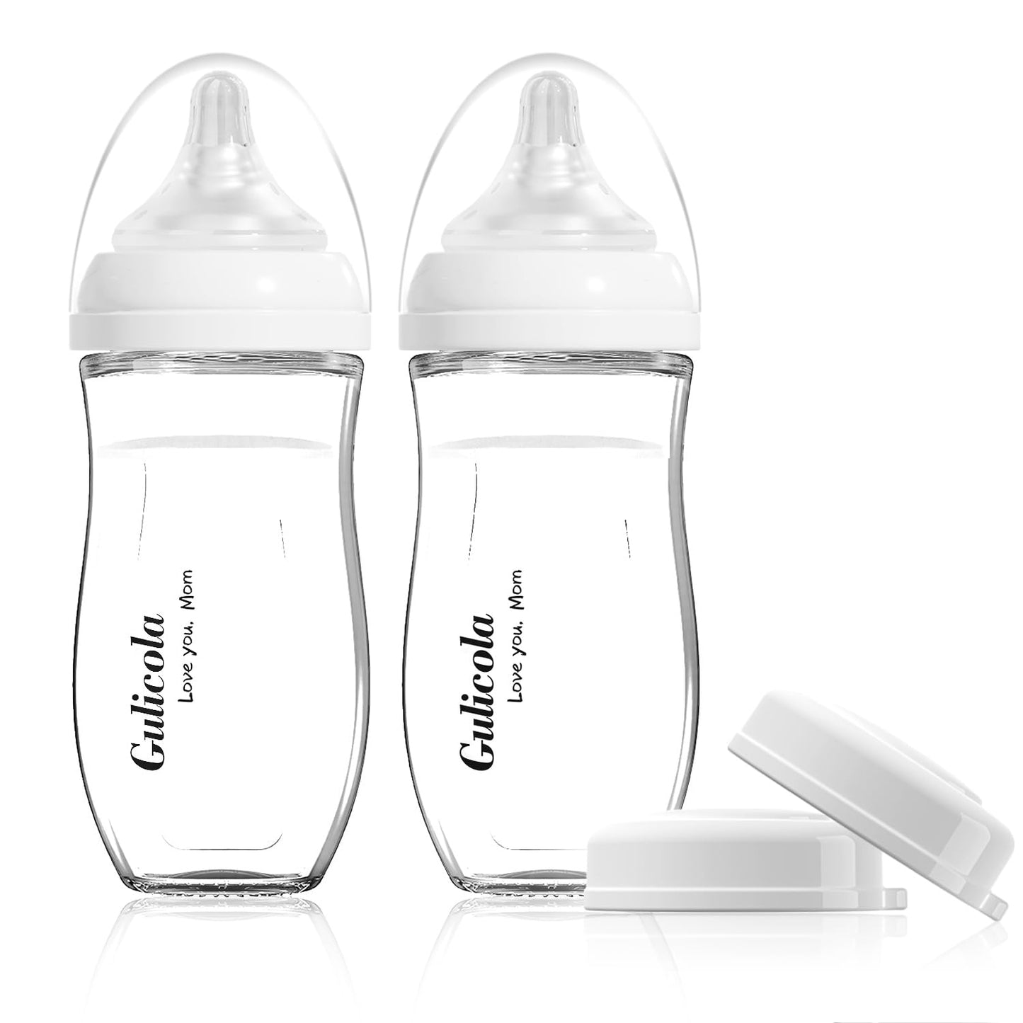 Gulicola - Biberón de vidrio natural para bebés lactantes, juego de biberones anticólicos con pezón de flujo medio, 3 meses +, 8 onzas, paquete de 2 unidades, color blanco