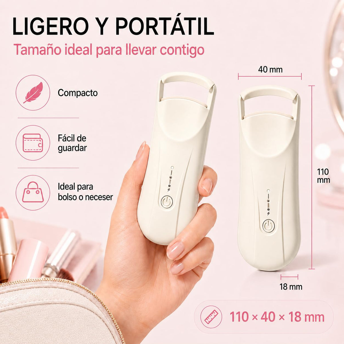 Rizador de Pestañas Eléctrico, Enchinador Térmico Recargable USB-C con 2 Niveles de Temperatura 65°C/85°C, Calentamiento Rápido y Curva 3D, Mini Rizador Portátil para Maquillaje