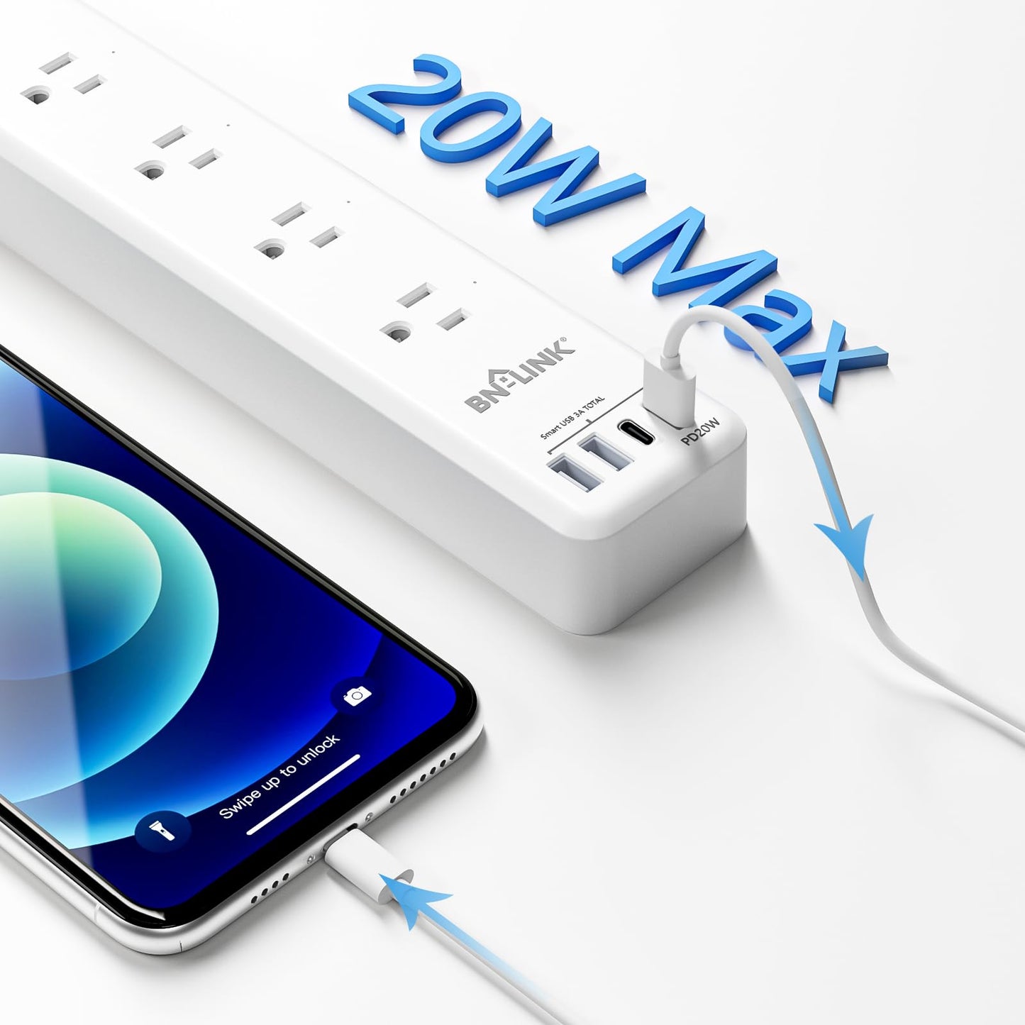 BN LINK Smart Plug Power Strip, protector contra sobretensiones con 4 tomas inteligentes controladas individualmente, 4 USB (incl. 20 W USB-C), compatible con Alexa y Google Home