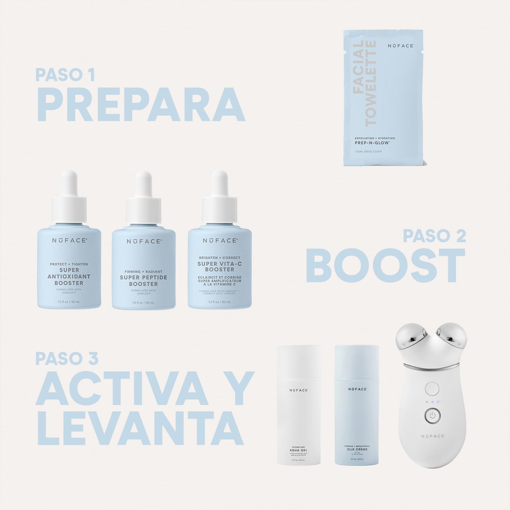 NUFACE | KIT DE INICIO TRINITY+ | Dispositivo Portátil Microcorriente Facial + 2 Serum y Brocha | Doble Polarización | Gel Hidratante Facial con Acido Hialuronico | Completa tu Rutina Skin Care