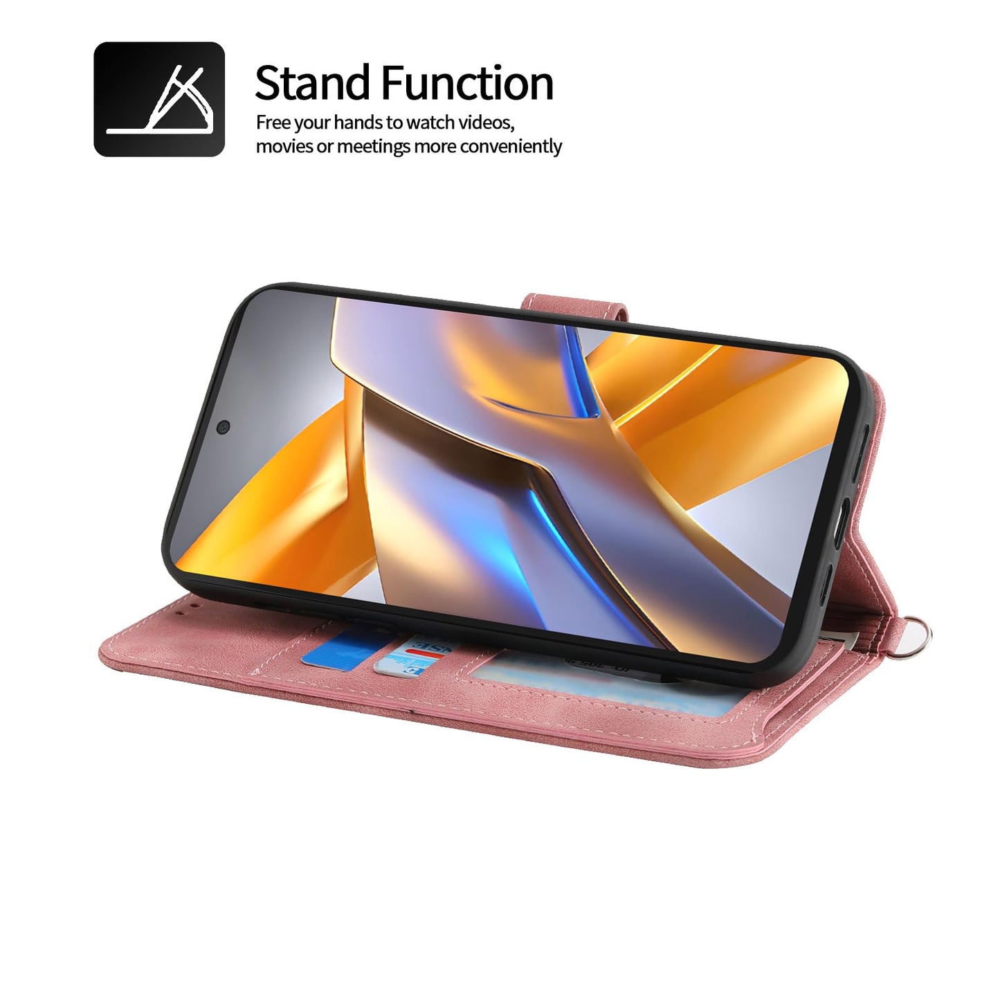 Auslbin Funda para Xiaomi Poco M5S 4G 6.43"/Poco M5S /Note 10/10S 4G Case Ranura de 5 Tarjetas con función de Soporte y cordón Cover Movil Protectora de Cuero PU Carcasa Rosa