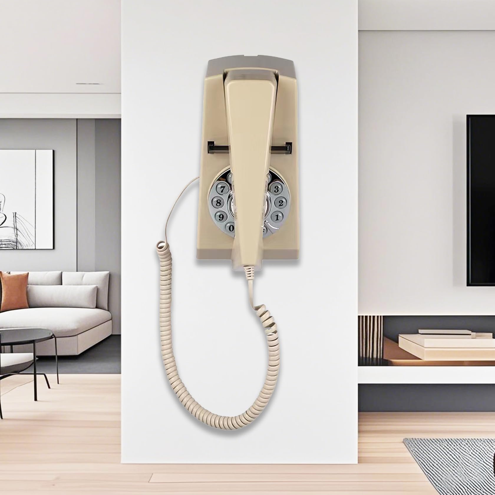 Artisam Teléfonos fijos para el hogar, teléfono de pared con cable retro de casa para personas mayores básico con cable Trimline, no requiere alimentación de CA, teléfono de montaje en pared (marfil)