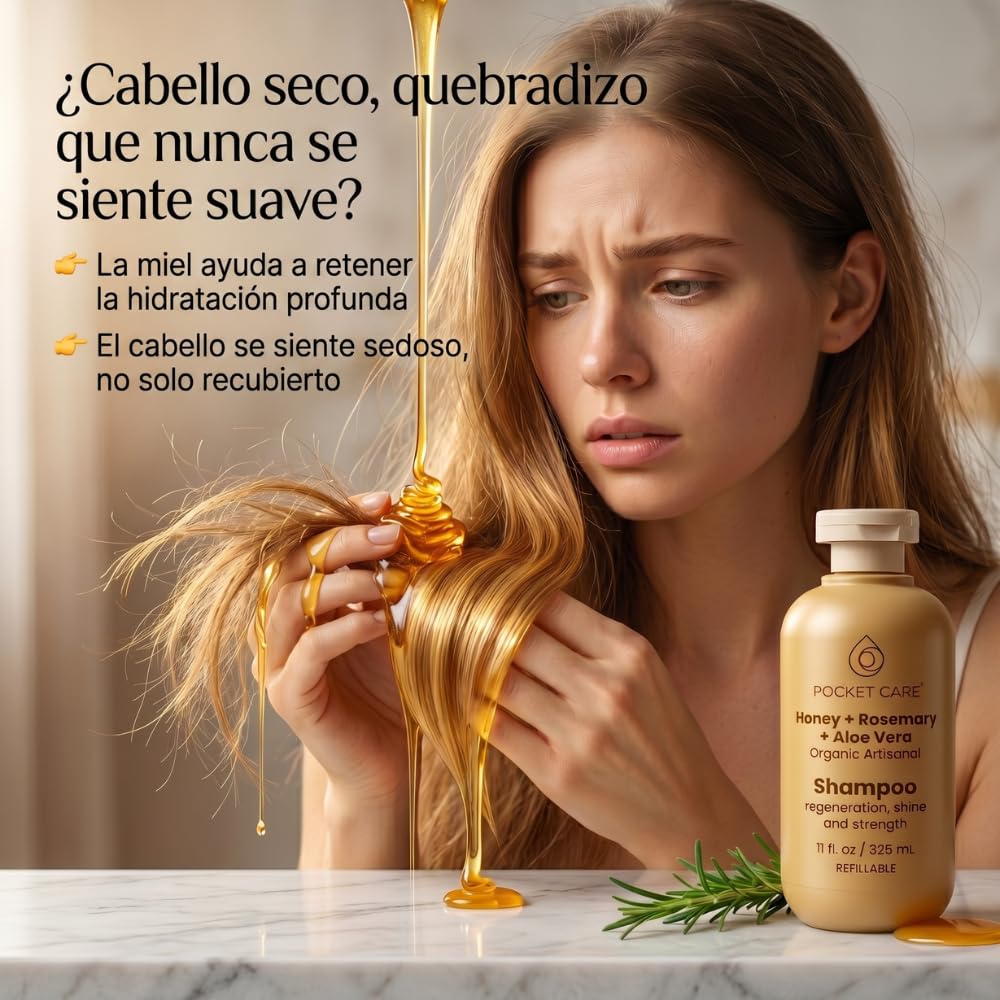 Kit Shampoo y Acondicionador con Miel, Romero y Sábila – Hidratación y Reparación para Cabello Seco, Débil y Sin Vida – Ayuda a Fortalecer, Suavizar y Dar Brillo – Hombre y Mujer