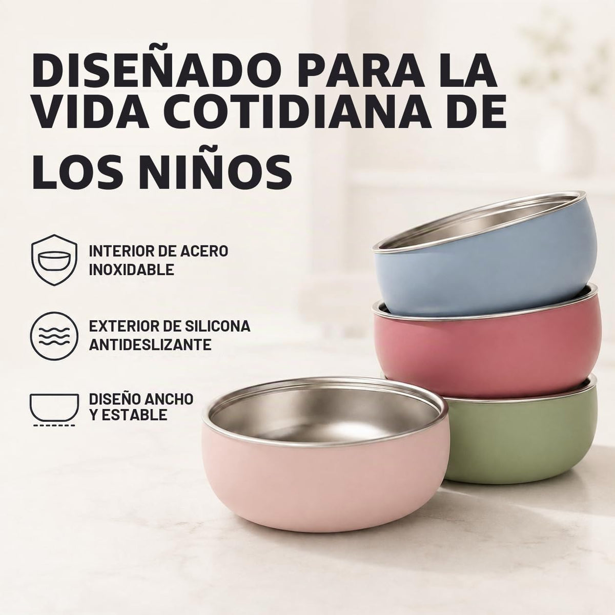 tazón de acero inoxidable no tóxico a prueba de monos, de 5 pulgadas, con carcasa de silicona antideslizante, multicolor, (juego de 4 tazones) irrompible, sin desorden para bebés, niños pequeños, sin