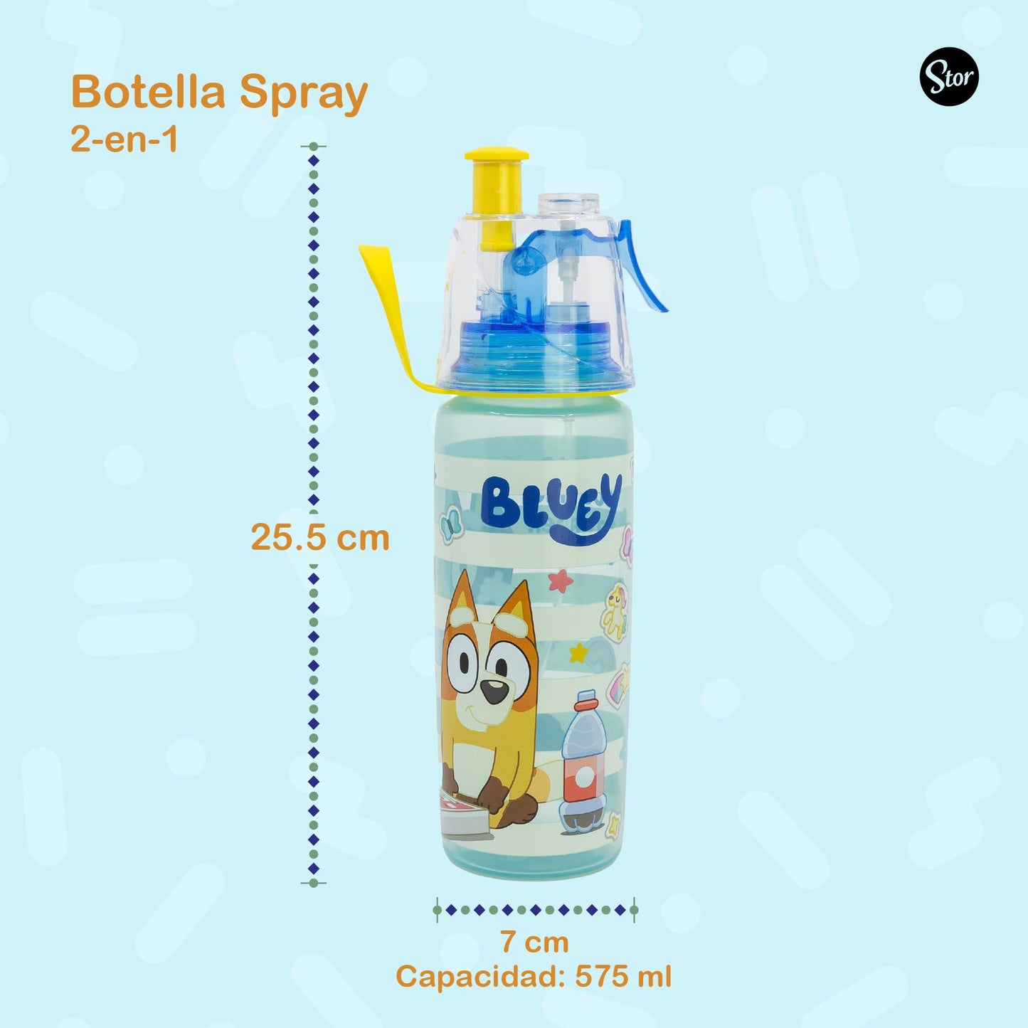 Stor – Botella de Agua para Niños con Spray y Sorbete 575 ml Bluey | Producto Oficial | Libre de BPA | A Prueba de Fugas | Tapa Segura | Sistema de Nebulización Refrescante