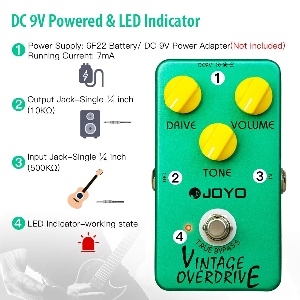 JOYO - Pedal clásico Overdrive tono clásico para efecto guitarra eléctrica - True Bypass (JF-01)