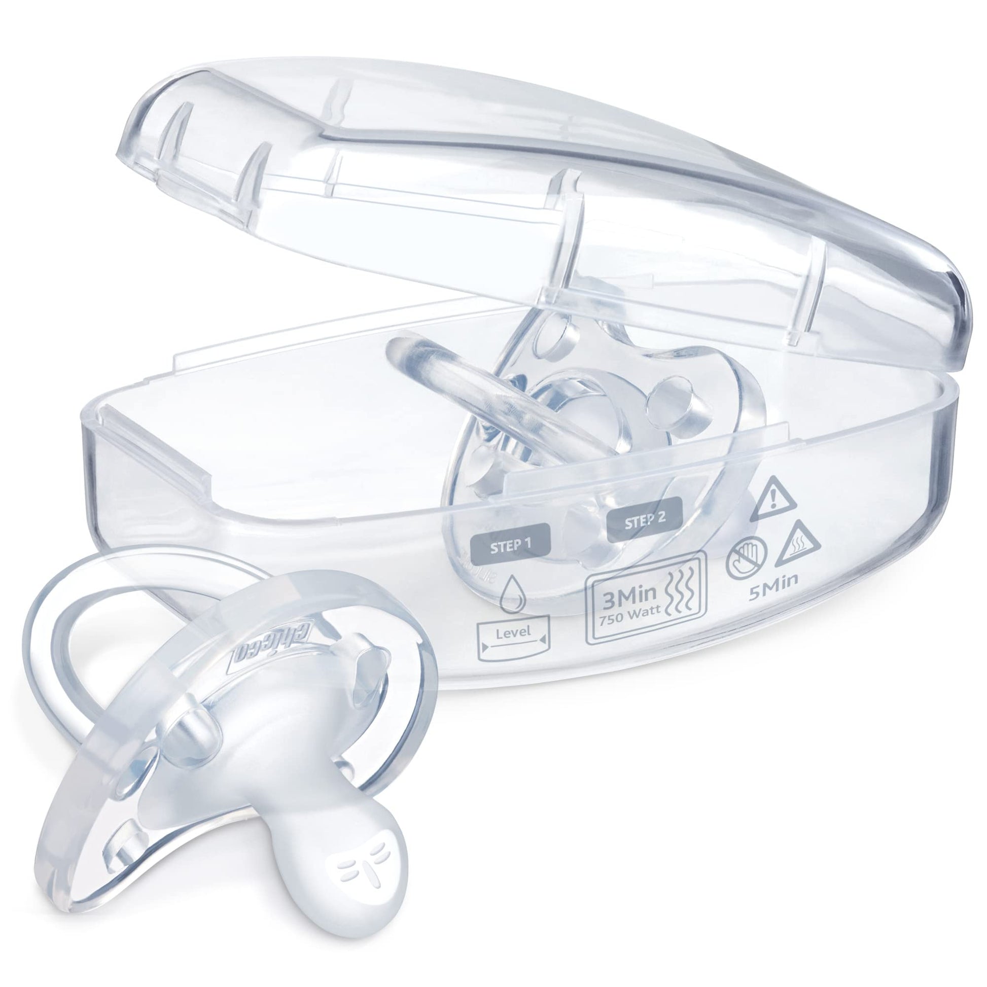 Chicco PhysioForma Chupete de una pieza 100% silicona suave para bebés de 0 a 6 m, transparente, ortodóntico, sin BPA, 4 unidades con estuche esterilizante