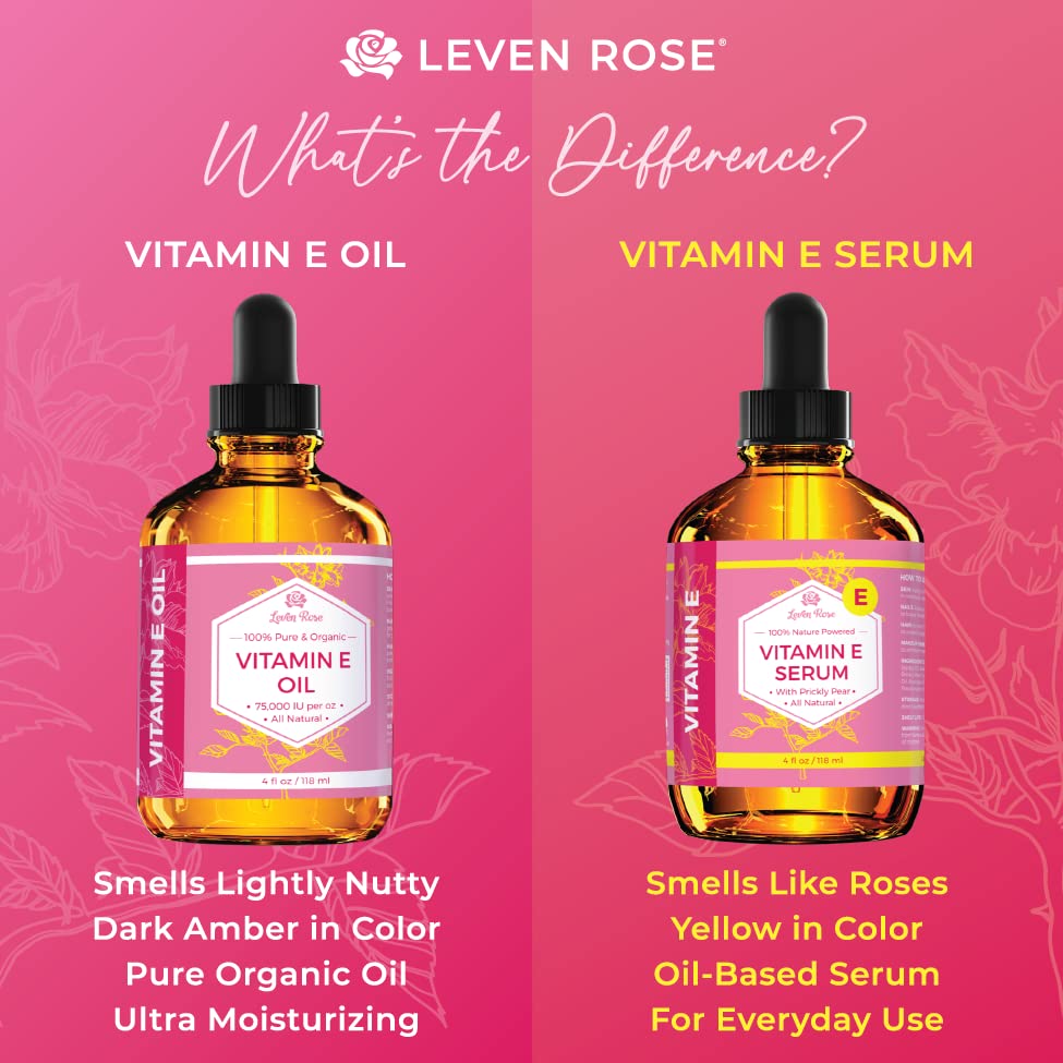 Vitamin E Jojoba Oil by Leven Rose 100% Pure Organic All Natural Face, Dry Skin & Body Moisturizer Treatment, Hair & Nail Growth Oil, Pure Makeup Remover, Acne Cleansing Oil Large 4 oz