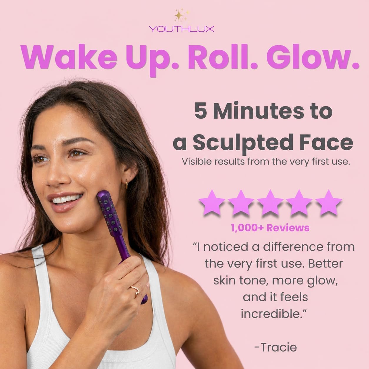 YOUTHLAB Radiance Roller - Germanium Stone Uplifting Face Massage Beauty Roller/Tool for Skin Tightening/Firming, De-Puffing, Anti-Aging and Tension Relief (Purple and Rose Gold)