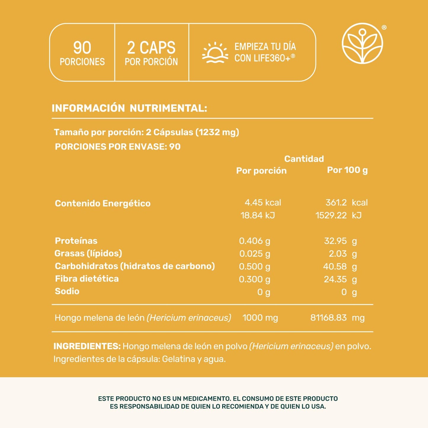 LIFE 360+ Hongo Melena de León Puro | 180 Cápsulas 1232 mg por porción | Ingredientes Naturales | Lions Mane Blend