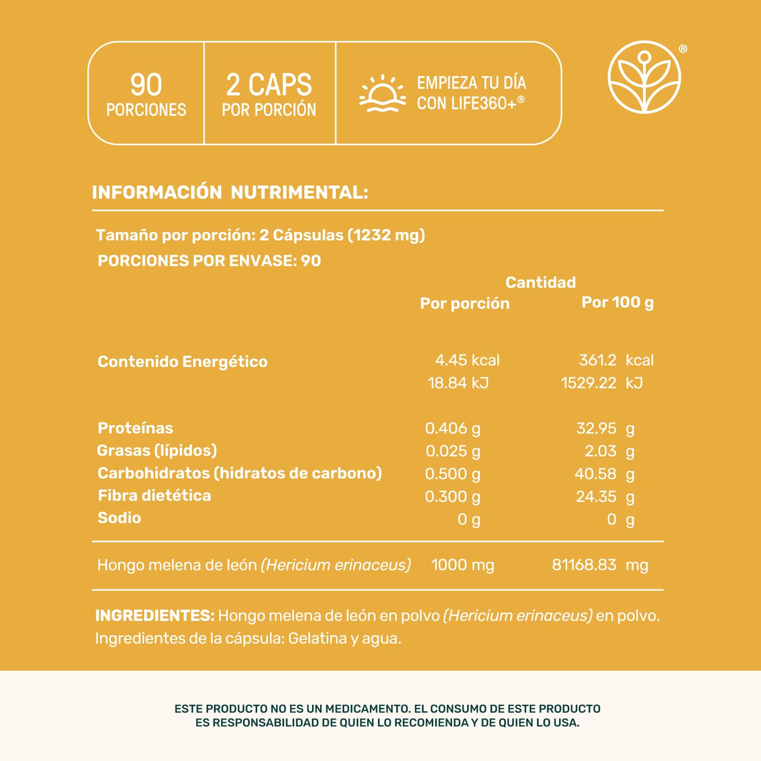 LIFE 360+ Hongo Melena de León Puro | 180 Cápsulas 1232 mg por porción | Ingredientes Naturales | Lions Mane Blend