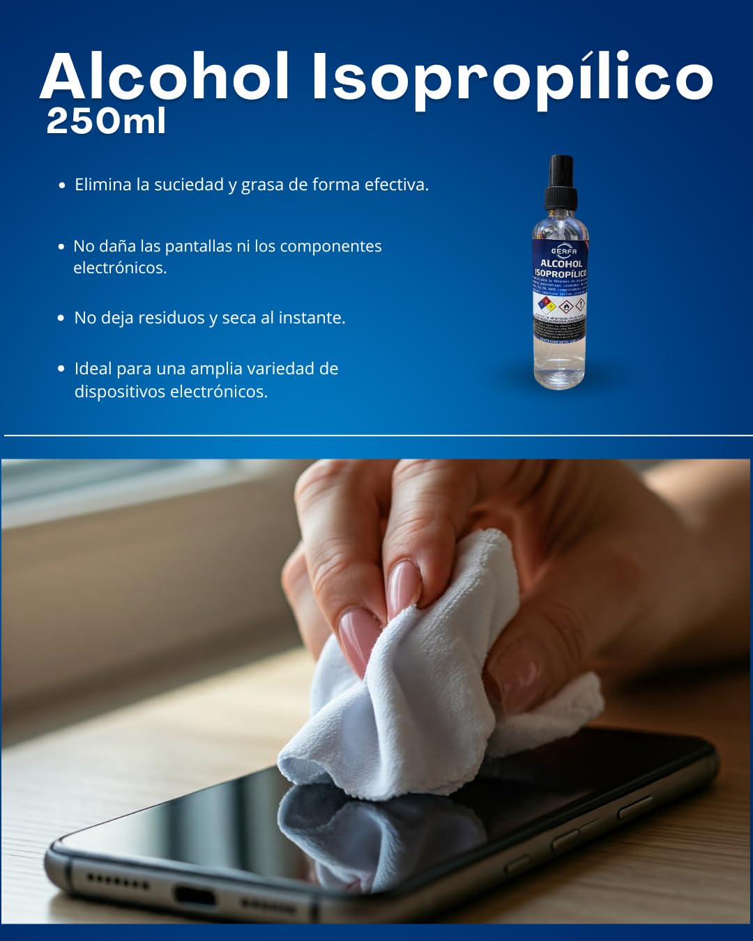 GERFA Alcohol Isopropílico 99% Puro 250ml | Limpieza Electrónica, Dispositivos, Lentes, Circuitos y Más | Evaporación Rápida y Libre de Residuos