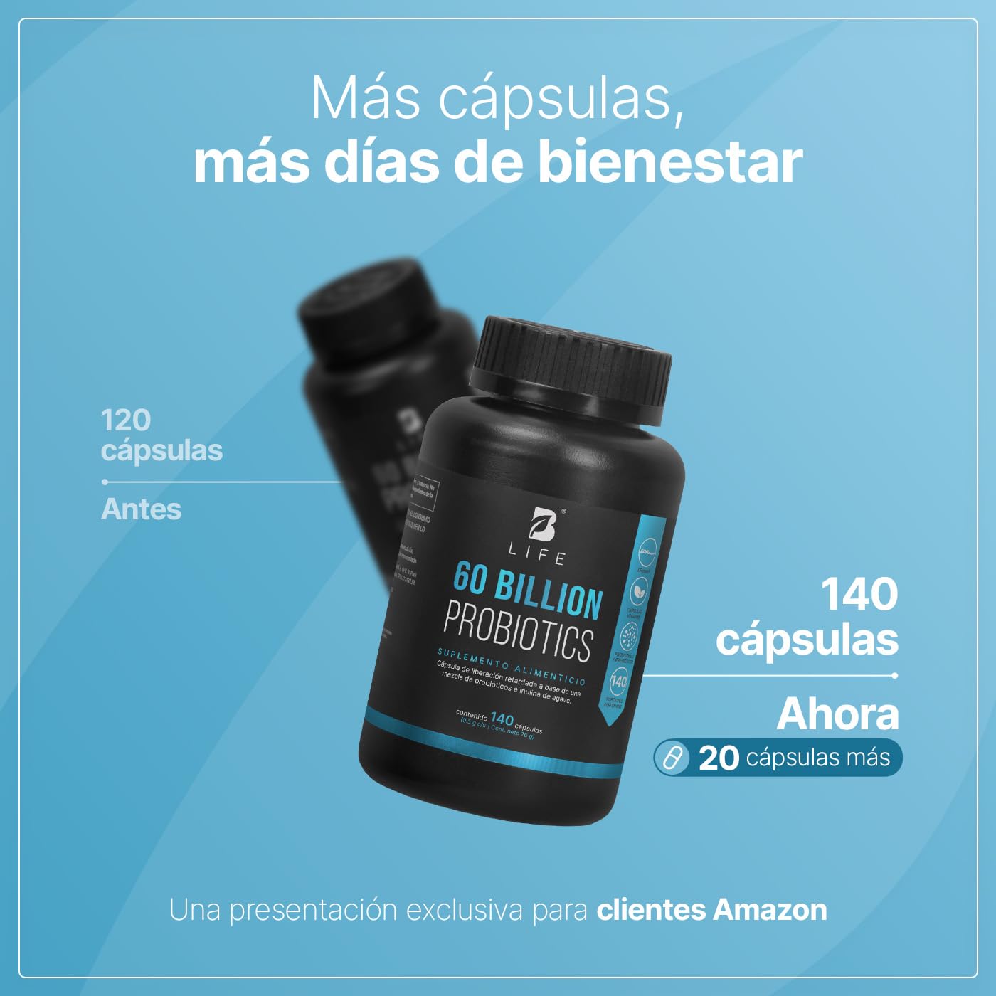 B Life Probióticos 60 Billones UFC | 140 Cápsulas | 3 Cepas De Probióticos | Liberación Retardada | Tecnología Patentada DRcaps | Adicionados Con Inulina De Agave | 60 Billion Probiotics.