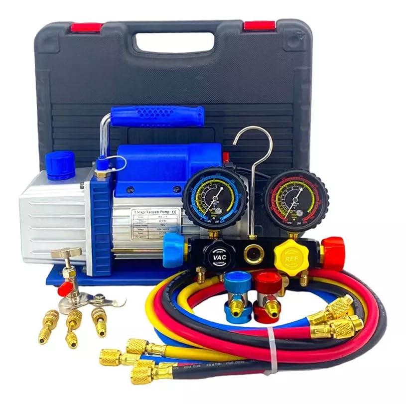 FIXITFAST 4cfm 1/3hp Bomba De Vacío + Manómetro R134a/r22/r410a/r404a Para refrigeración hvac carga y mantenimiento, sin aceite,juego de manómetros de colector de 4 vías