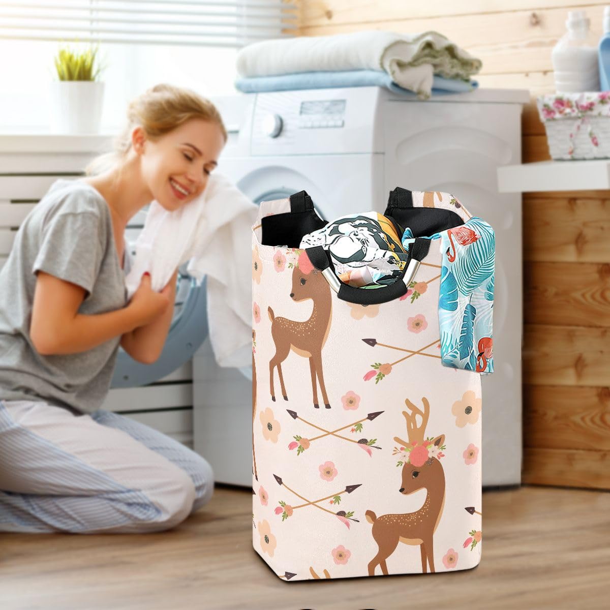 senya Cesta de almacenamiento plegable con diseño de ciervo con flechas de flores, cesta de lavandería para guardería, ropa, juguetes