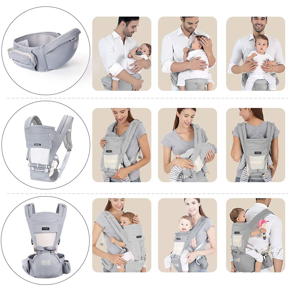 Portabebé EMAGIE Gris Ergonómico Ajustable y Respirable para Bebés y Niños 0-36 Meses