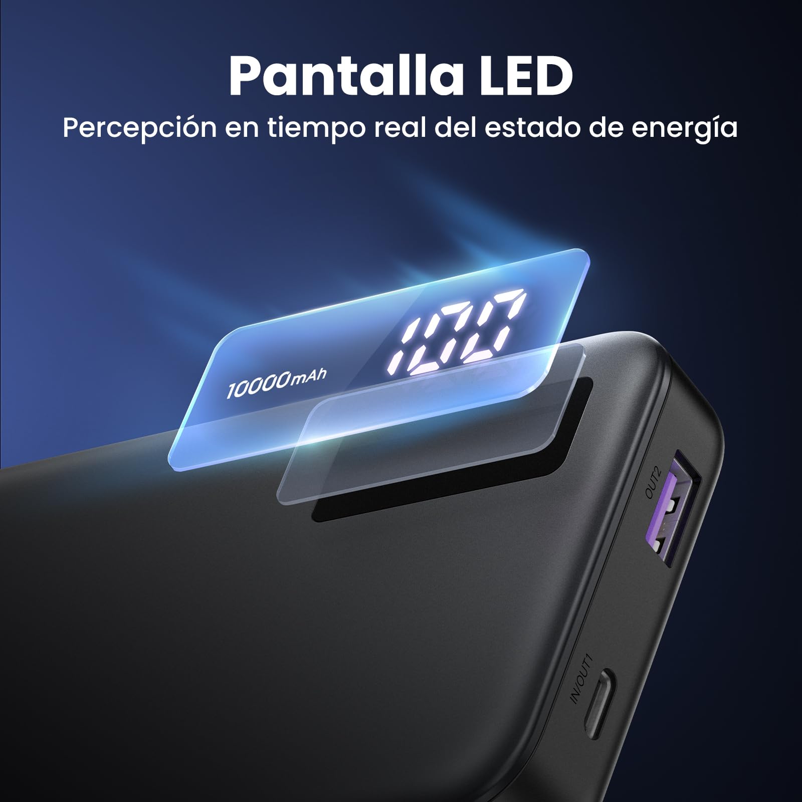 Power Bank UGREEN Negro 10000mAh 22.5W Carga Rápida USB A y C Pantalla Digital Compatible con iPhone, Xiaomi, Galaxy, iPad