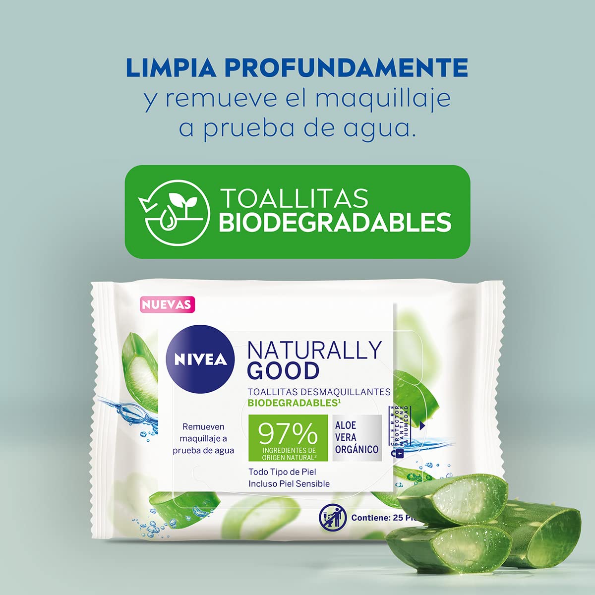 NIVEA Toallitas Faciales Desmaquillantes Biodegradables Naturally Good (25 piezas), Enriquecidas con Aloe Vera Orgánico, Remueven maquillaje a prueba de agua, ideal para Todo tipo de Piel
