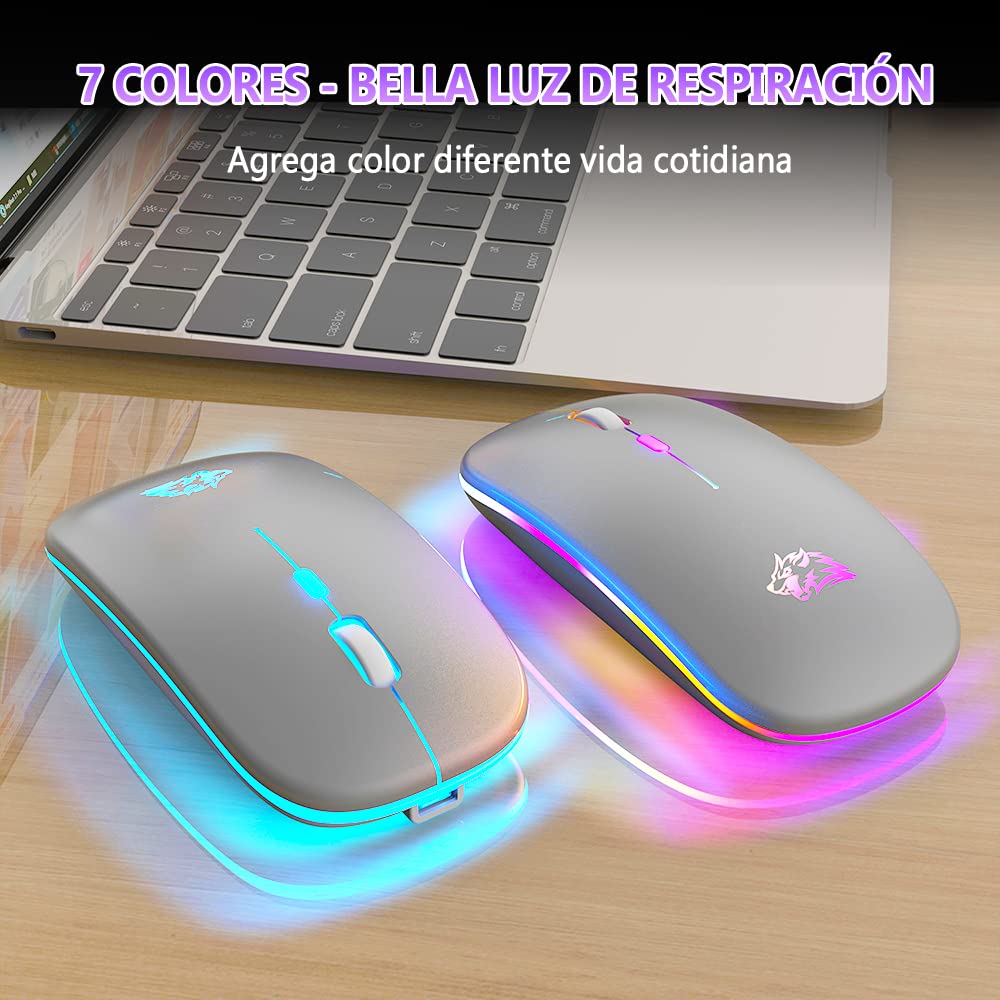Free wolf X15 Mouse Inalámbrico, Wireless óptico Recargable 2.4 G Ergonómico Silencioso Click con Receptor USB 3(800/1200/1600) Ajustable dpi Ratón para Computadora,Portátil,PC,Mac (Plata)