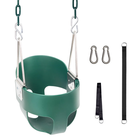 KINSPORY Asiento de Columpio, 150cm Columpio para bebé con Cadenas de Hierro Resistentes recubiertas, Juego de Columpio al Aire Libre con Respaldo Alto y Correas para árboles - Verde