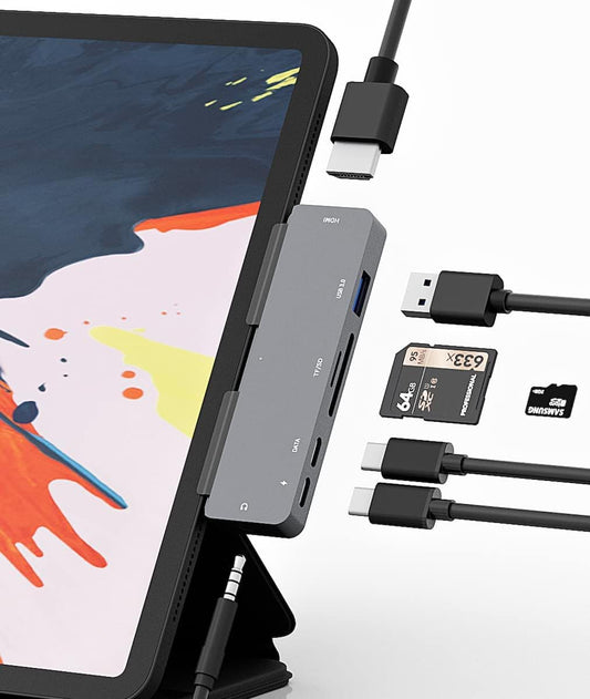 Adaptador USB C Hub para iPad Pro 12.9/11 M4 M2 M1 2024 en Gris con HDMI 4K y Conector 3.5 mm, Accesorios 7 en 1 para Mujer