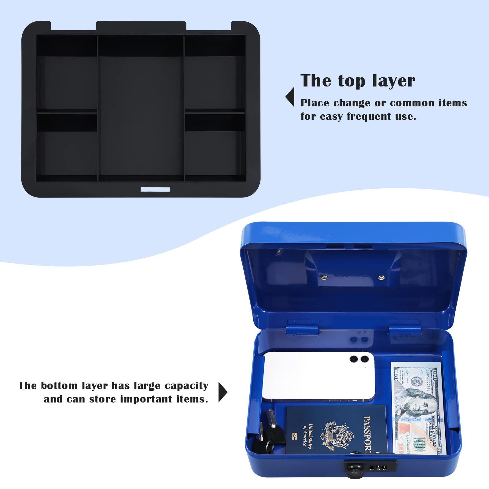 Caja de Acero xydled Azul con Bandeja Extraíble para Monedas y Cerradura de Llave