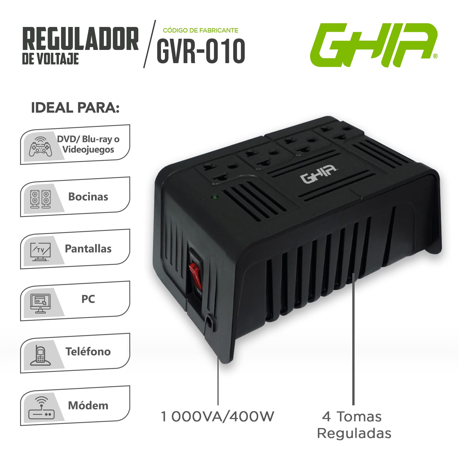 GHIA Regulador de Voltaje GVR-010. Respalda hasta 4 Dispositivos con un Consumo en Conjunto máximo de 1000VA/400 Watts. Regulación y supresión de Picos