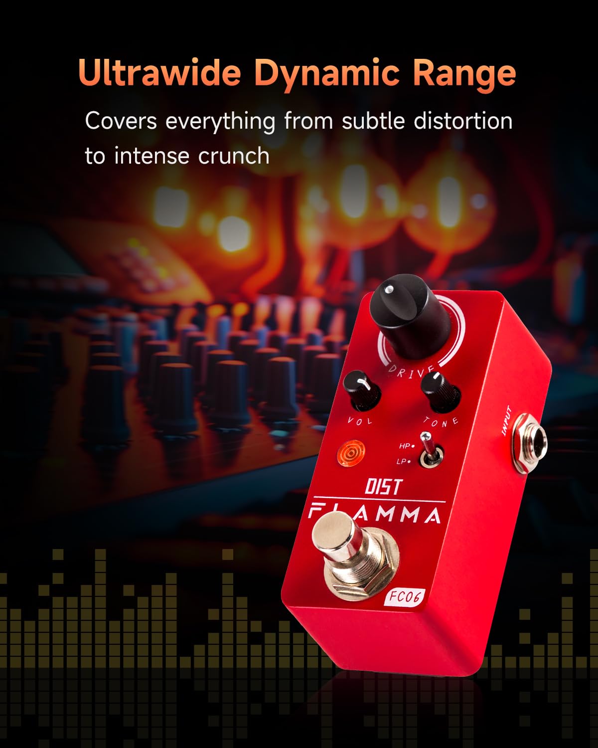 Pedal de Distorsión Flamma FC06 Rojo con Carcasa de Metal y True Bypass
