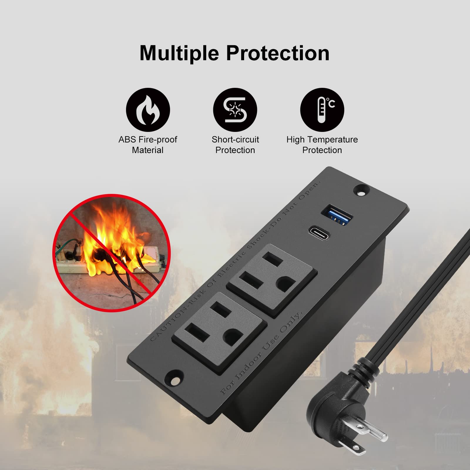 4 LEAF Tira Alimentación Empotrada Con USB C Carga Rápida 2 Toma 2 USB (PD20W y QC18W, Total 20W) Montaje Cable Extensión Enchufe Plano Para Mesa de Sofá, Gabinete Mesita de Noche (Negro)