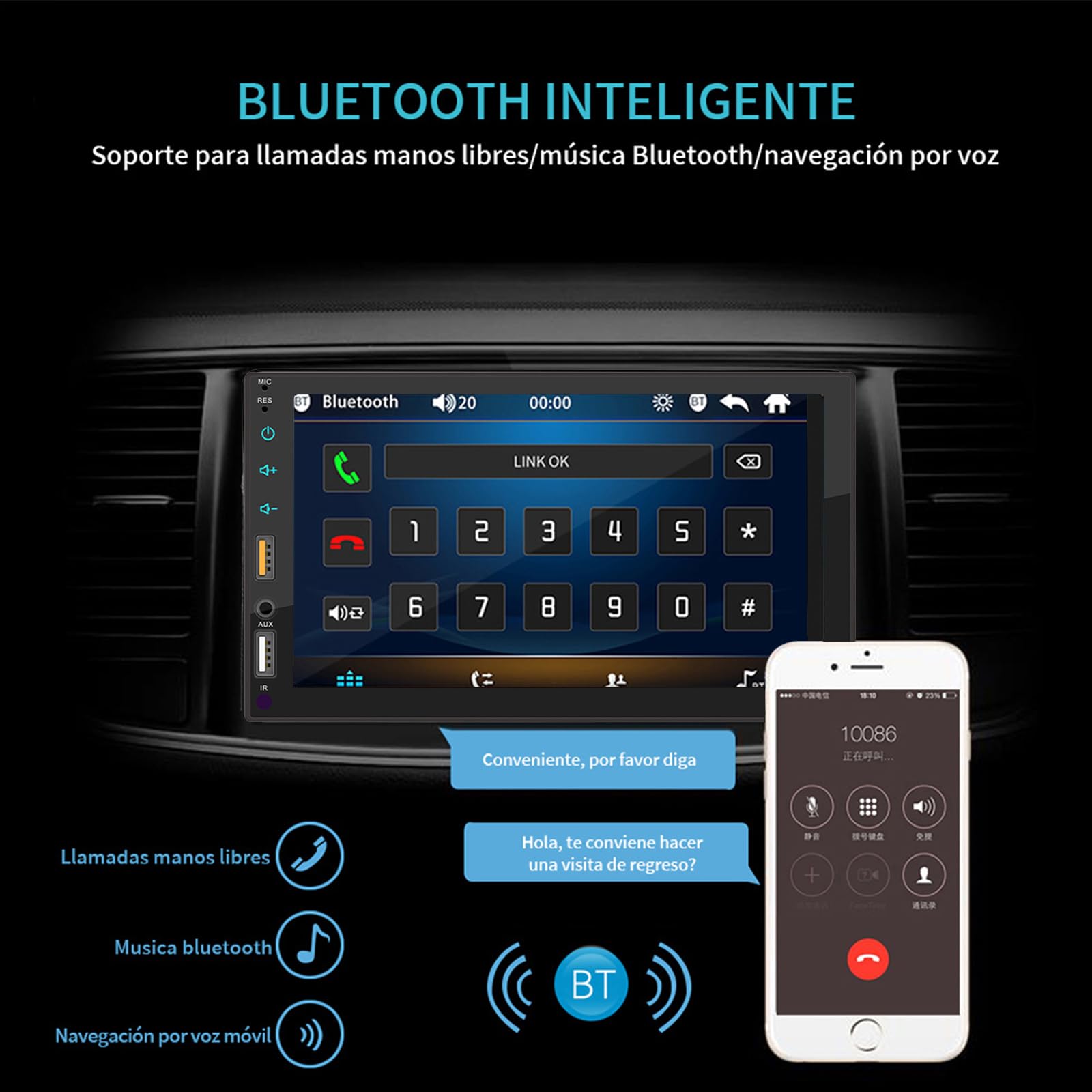 FINYQBET Estereo Pantalla Estéreo para Auto Mirror Link 7 con Cámara Pantalla Táctil y Carplay Soporte para inglés y español BT FM/MP5 FM/MP USB/TF inalámbrico