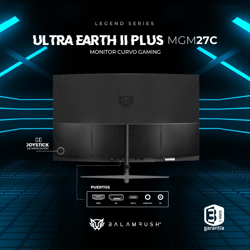 Balam Rush Monitor Gamer Curvo 27" VA/Ultra Earth II MGM27C / FHD R1800 / 180Hz / 1ms / F-Sync/G-Sync/Flicker-Free / 1xHDMI 1.4 + 1xDP 1.2 + 1xTipo C Display + 3.5 mm/VESA 100mm / Legend PEM Negro