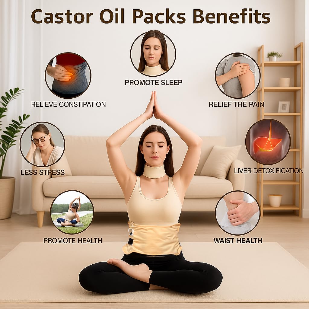 BESEFFIE Paquete de aceite de ricino orgánico - Kit de paquete de aceite de ricino para ombligo, algodón para desintoxicar el estómago, el hígado, el cuello, el abdomen y la cintura - Orgánico, prensa