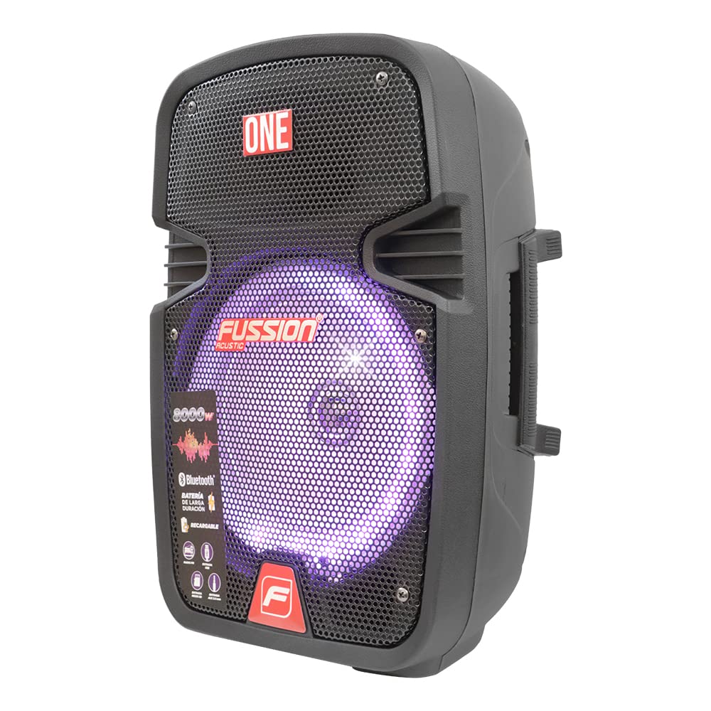 FUSSION ACUSTIC Bafle Recargable 8" PBS-8027 con Micrófono y Trípode | Bocina Bluetooth 8000W, LED Multicolor, USB, MicroSD y FM