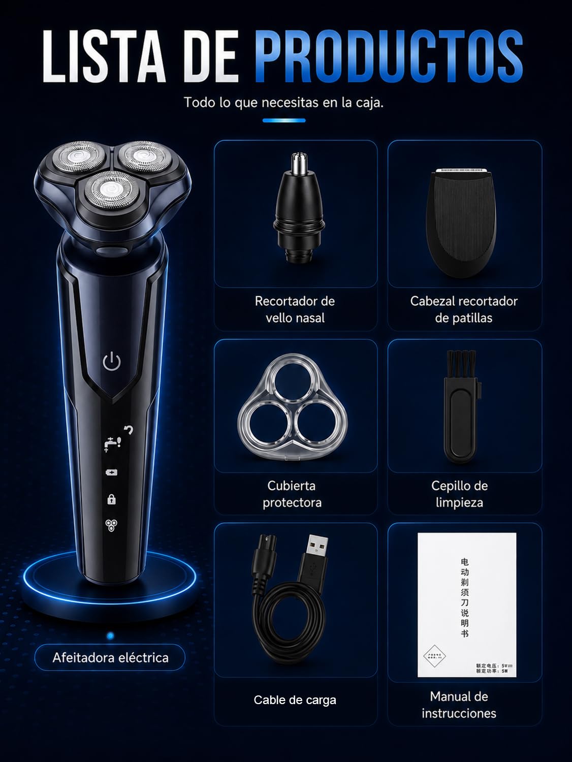 RUIAO Rasuradoras para Hombre 3 en 1 IPX7 Recargable USB Color Negro