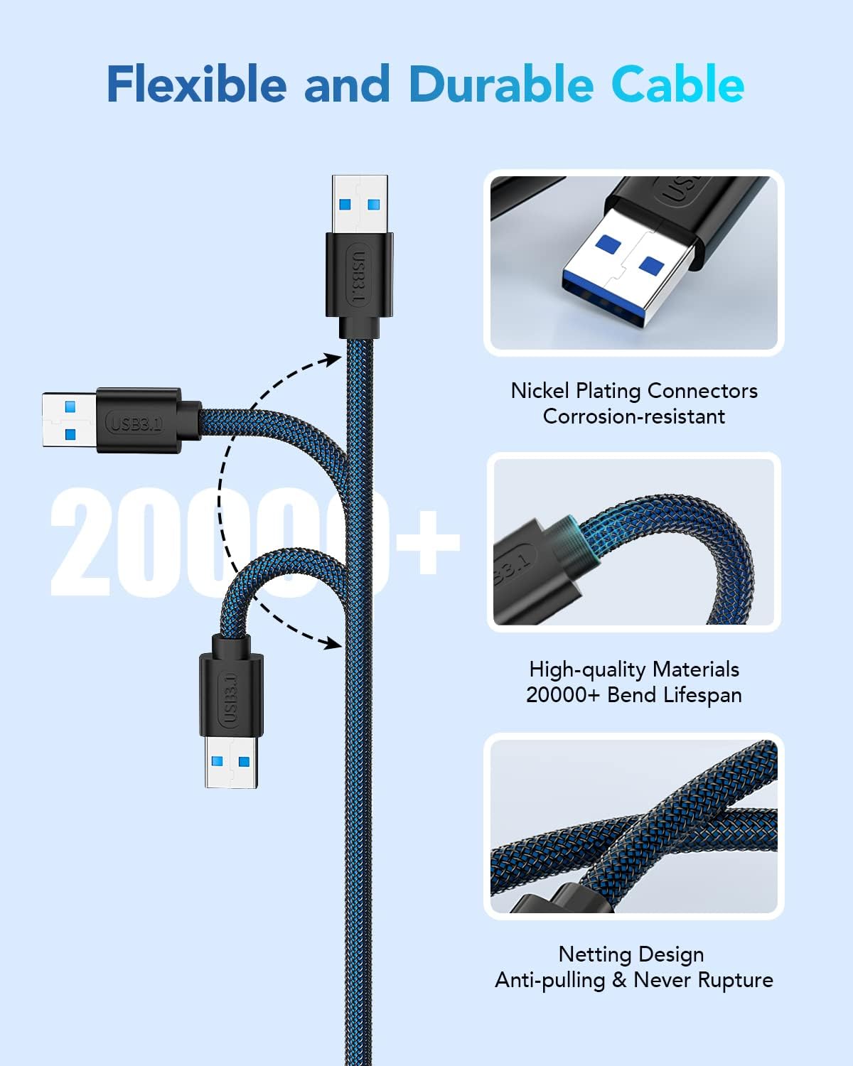 Cable USB 3.0 ANDTOBO Azul Alta Velocidad 5Gbps 3 Metros Macho a Macho para Ordenador Portátil y Monitor
