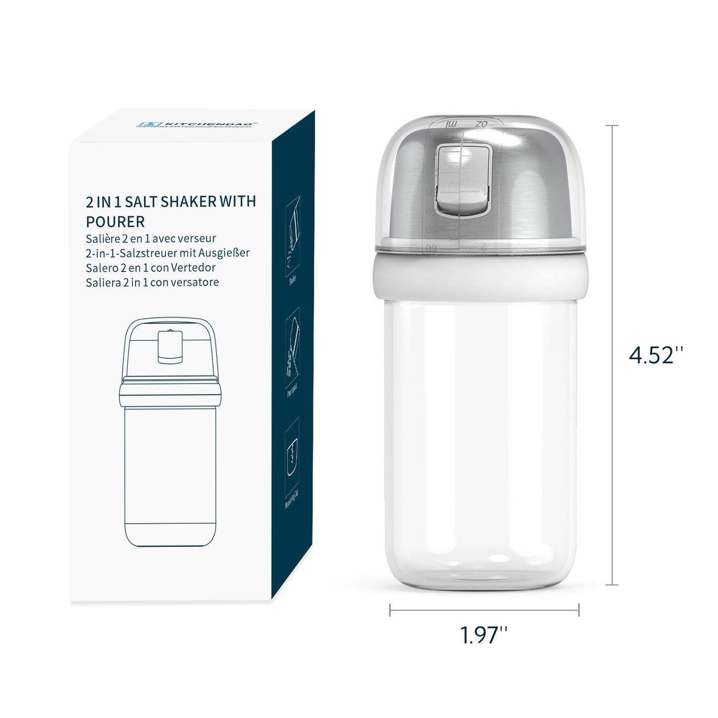 KTCHENDAO - Salero de vidrio 2 en 1 con boquilla lateral para verter la tapa, tapa integrada para ralentizar la humedad con marcas de mearsuring, elegante dispensador de sal de vidrio borosilicato