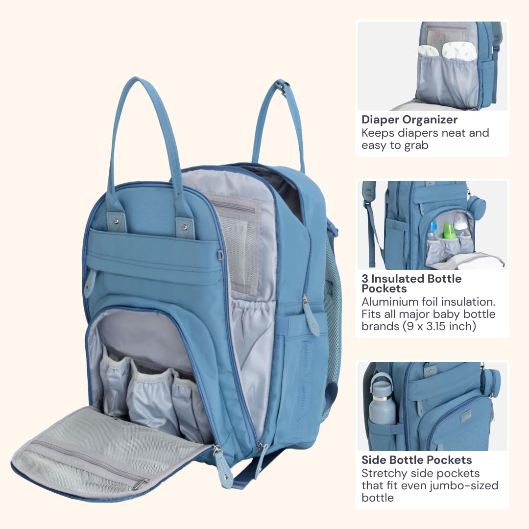 BabbleRoo Mochila para pañales, bolso esencial de viaje para bebé, impermeable, multifunción, con cambiador, correas para cochecito y estuche para chupetes, unisex, azul claro