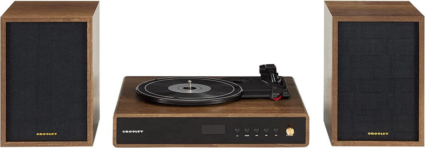 Crosley CR7019A-WA Sistema de Estante Giratorio Alto de 3 velocidades con Bluetooth, Radio FM y Altavoces estéreo a Juego, Nogal