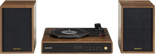Crosley CR7019A-WA Sistema de Estante Giratorio Alto de 3 velocidades con Bluetooth, Radio FM y Altavoces estéreo a Juego, Nogal